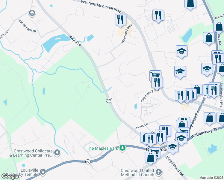 map of restaurants, bars, coffee shops, grocery stores, and more near 6712 Hypoint Ridge Road in Crestwood