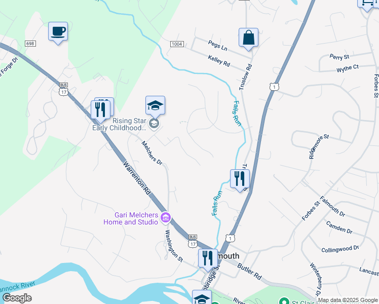 map of restaurants, bars, coffee shops, grocery stores, and more near 710 Henderson Street in Fredericksburg