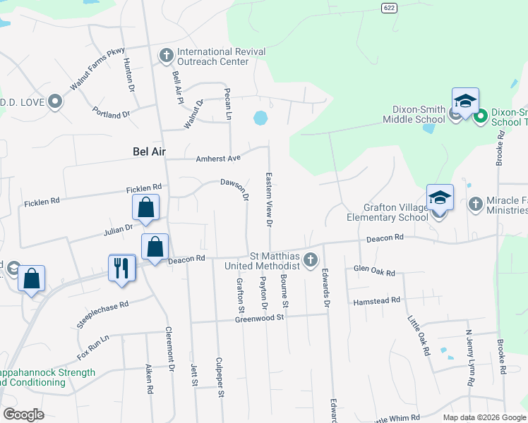 map of restaurants, bars, coffee shops, grocery stores, and more near 917 Eastern View Drive in Fredericksburg