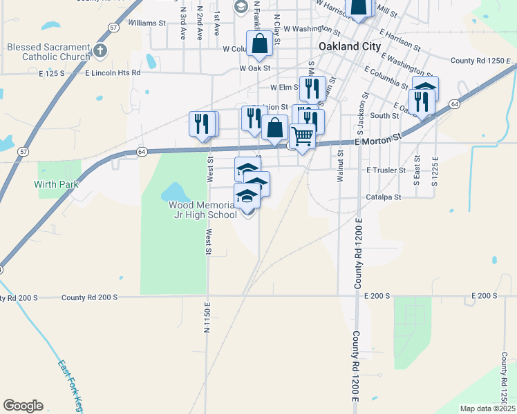 map of restaurants, bars, coffee shops, grocery stores, and more near 943 South Franklin Street in Oakland City
