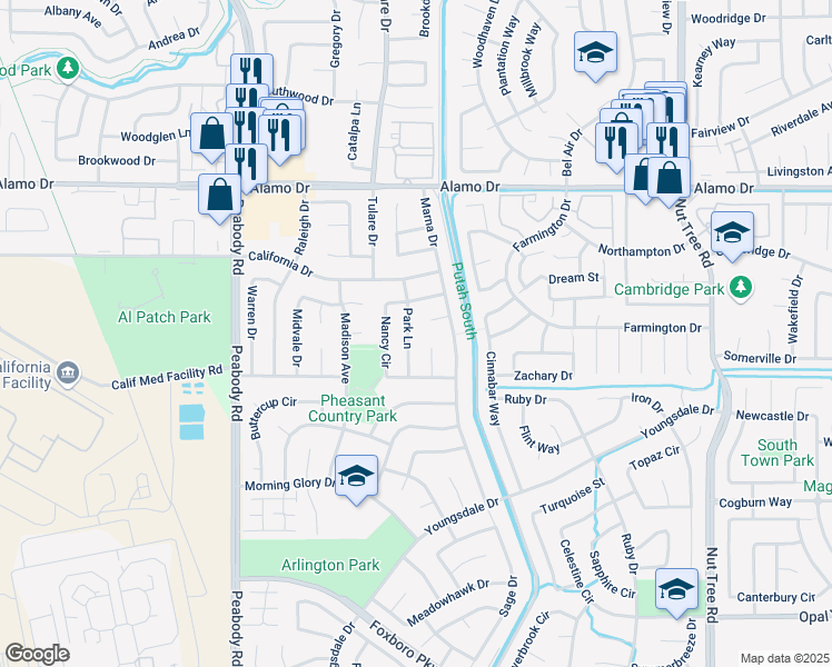 map of restaurants, bars, coffee shops, grocery stores, and more near 243 Park Lane in Vacaville