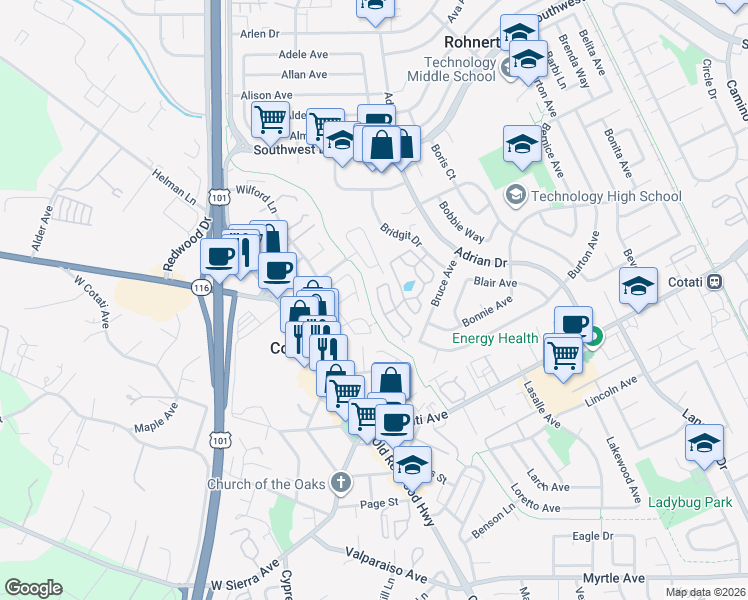map of restaurants, bars, coffee shops, grocery stores, and more near 527 Loma Verde Lane in Rohnert Park