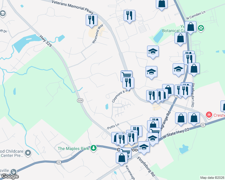 map of restaurants, bars, coffee shops, grocery stores, and more near 6502 Shelburn Drive in Crestwood