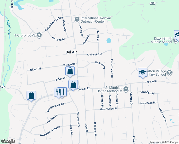 map of restaurants, bars, coffee shops, grocery stores, and more near 7 Shephard Court in Fredericksburg
