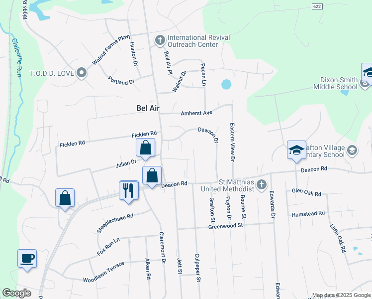 map of restaurants, bars, coffee shops, grocery stores, and more near 7 Shephard Court in Fredericksburg