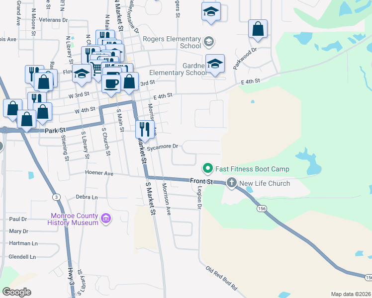 map of restaurants, bars, coffee shops, grocery stores, and more near 405 Sycamore Drive in Waterloo