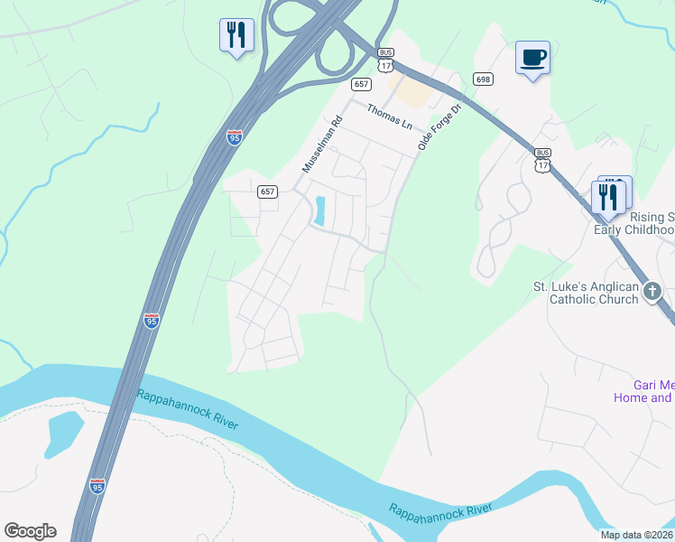 map of restaurants, bars, coffee shops, grocery stores, and more near 201 Tree Line Drive in Fredericksburg