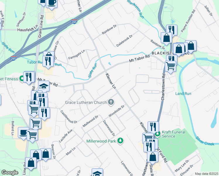 map of restaurants, bars, coffee shops, grocery stores, and more near 1029 Cliffwood Drive in New Albany