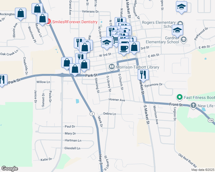 map of restaurants, bars, coffee shops, grocery stores, and more near 423 S Library St in Waterloo