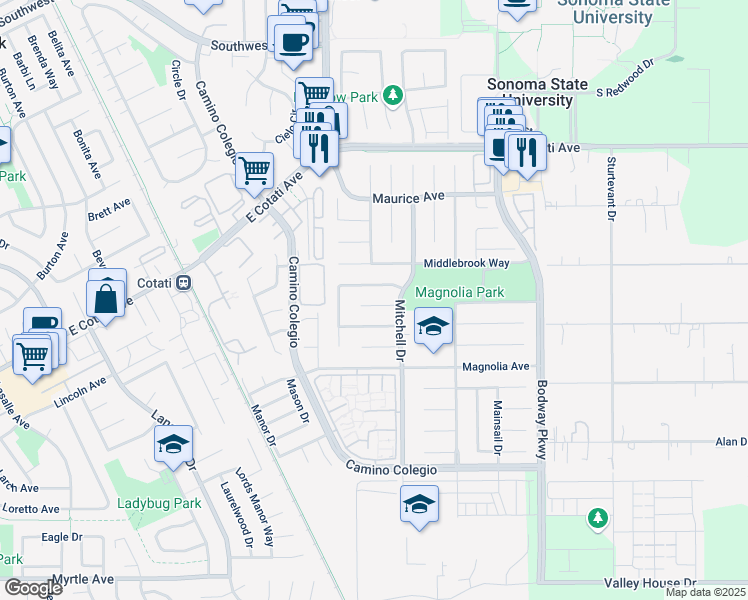 map of restaurants, bars, coffee shops, grocery stores, and more near 1368 Miramonte Place in Rohnert Park