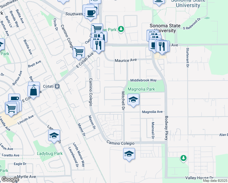 map of restaurants, bars, coffee shops, grocery stores, and more near 1368 Miramonte Place in Rohnert Park