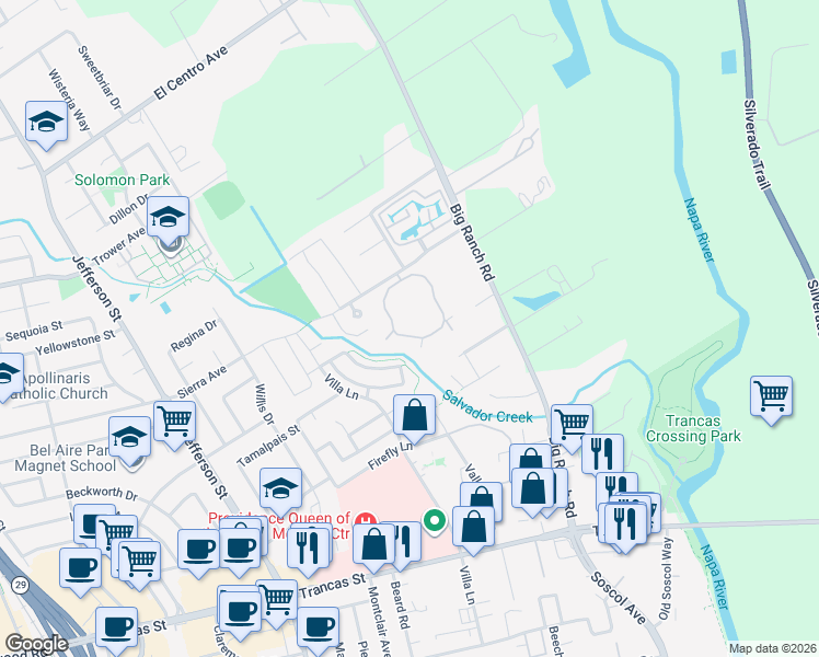 map of restaurants, bars, coffee shops, grocery stores, and more near 78 Valley Club Circle in Napa