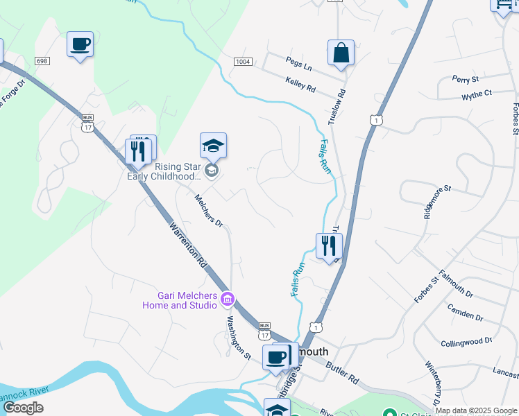 map of restaurants, bars, coffee shops, grocery stores, and more near 710 Henderson Street in Fredericksburg