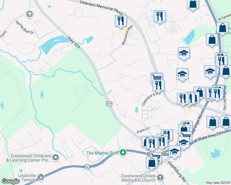 map of restaurants, bars, coffee shops, grocery stores, and more near 6712 Hypoint Ridge Road in Crestwood