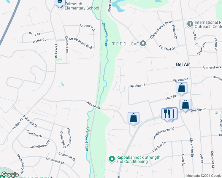map of restaurants, bars, coffee shops, grocery stores, and more near 416 Dundee Place in Fredericksburg