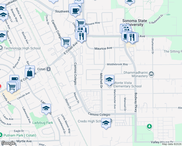 map of restaurants, bars, coffee shops, grocery stores, and more near 1368 Miramonte Place in Rohnert Park