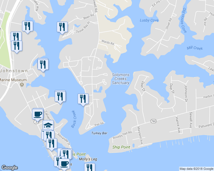map of restaurants, bars, coffee shops, grocery stores, and more near 14370 Bay Water Court in Solomons