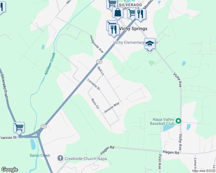 map of restaurants, bars, coffee shops, grocery stores, and more near 1023 Bell Lane in Napa