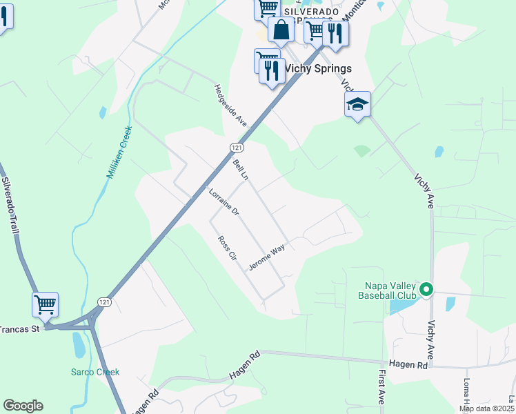 map of restaurants, bars, coffee shops, grocery stores, and more near 1023 Bell Lane in Napa