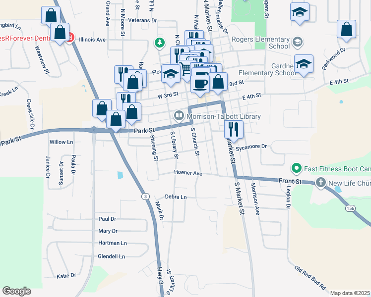 map of restaurants, bars, coffee shops, grocery stores, and more near 209 Oak Street in Waterloo