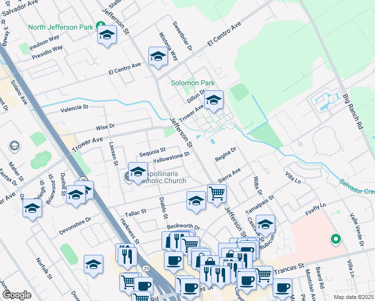 map of restaurants, bars, coffee shops, grocery stores, and more near 1362 Yellowstone Street in Napa