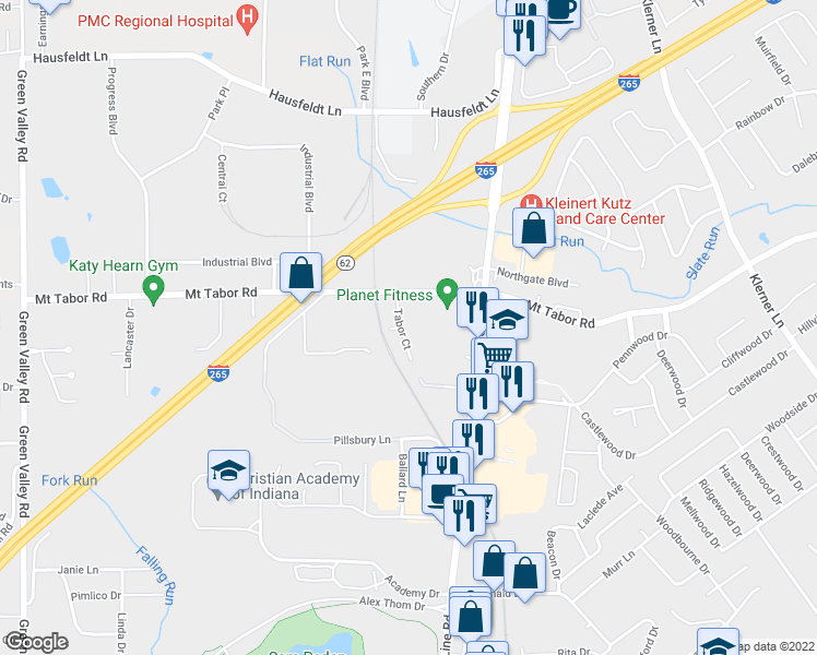 map of restaurants, bars, coffee shops, grocery stores, and more near 3440 Tabor Court in New Albany