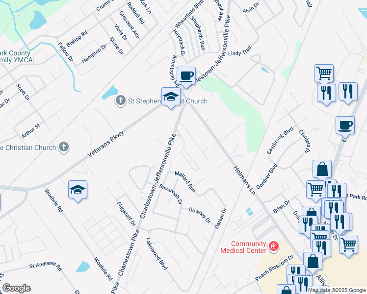 map of restaurants, bars, coffee shops, grocery stores, and more near Abby Chase in Jeffersonville