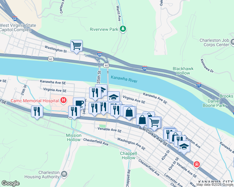 map of restaurants, bars, coffee shops, grocery stores, and more near 3610 Virginia Avenue Southeast in Charleston