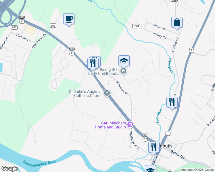 map of restaurants, bars, coffee shops, grocery stores, and more near 512 Wyne Drive in Fredericksburg