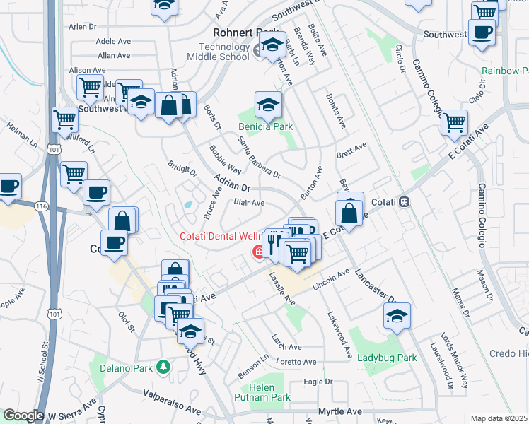 map of restaurants, bars, coffee shops, grocery stores, and more near 395 Bonnie Avenue in Rohnert Park