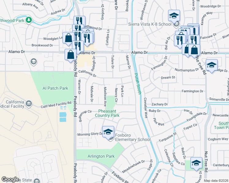 map of restaurants, bars, coffee shops, grocery stores, and more near 356 Nancy Circle in Vacaville