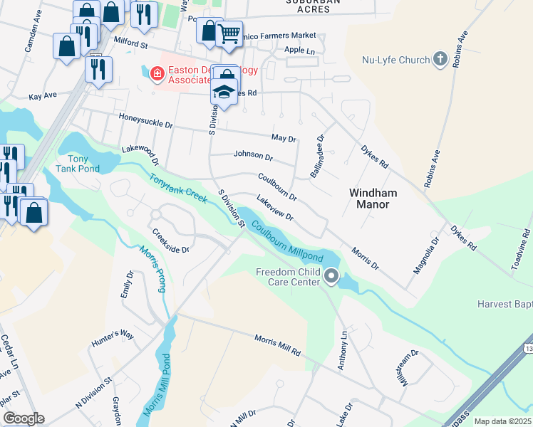 map of restaurants, bars, coffee shops, grocery stores, and more near 108 Lakeview Drive in Salisbury