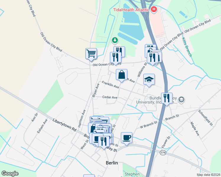 map of restaurants, bars, coffee shops, grocery stores, and more near 108B Franklin Avenue in Berlin