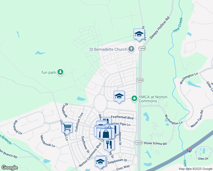 map of restaurants, bars, coffee shops, grocery stores, and more near 6300 Mistflower Circle in Prospect