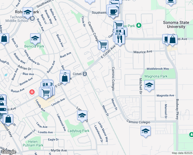 map of restaurants, bars, coffee shops, grocery stores, and more near 8260 Windmill Farms Dr in Cotati