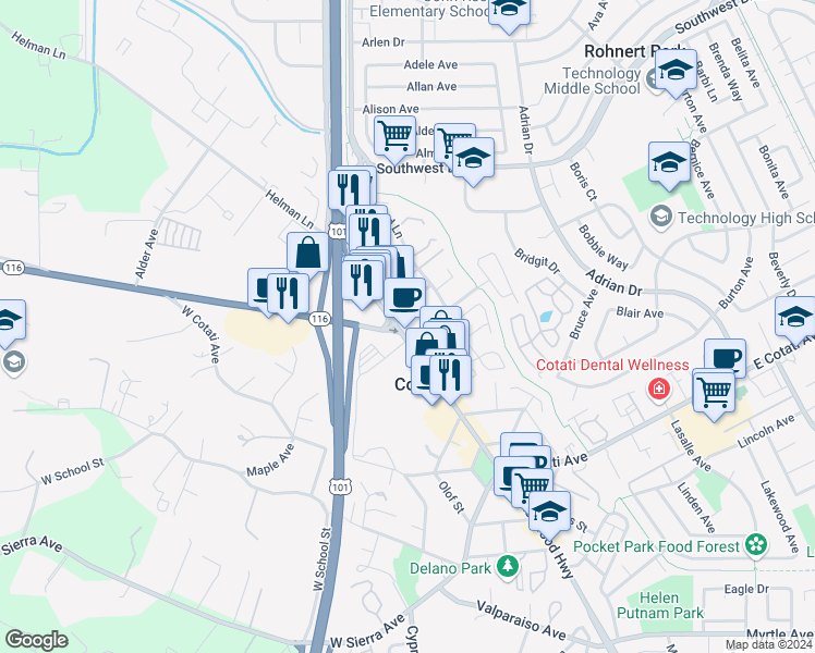 map of restaurants, bars, coffee shops, grocery stores, and more near 7764 Old Redwood Highway in Cotati