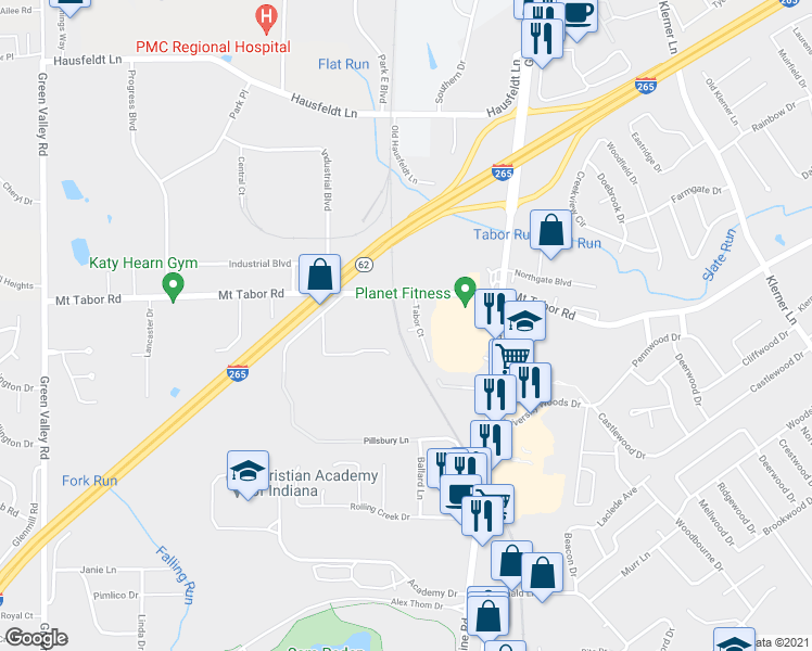 map of restaurants, bars, coffee shops, grocery stores, and more near 703 Victoria Court in New Albany
