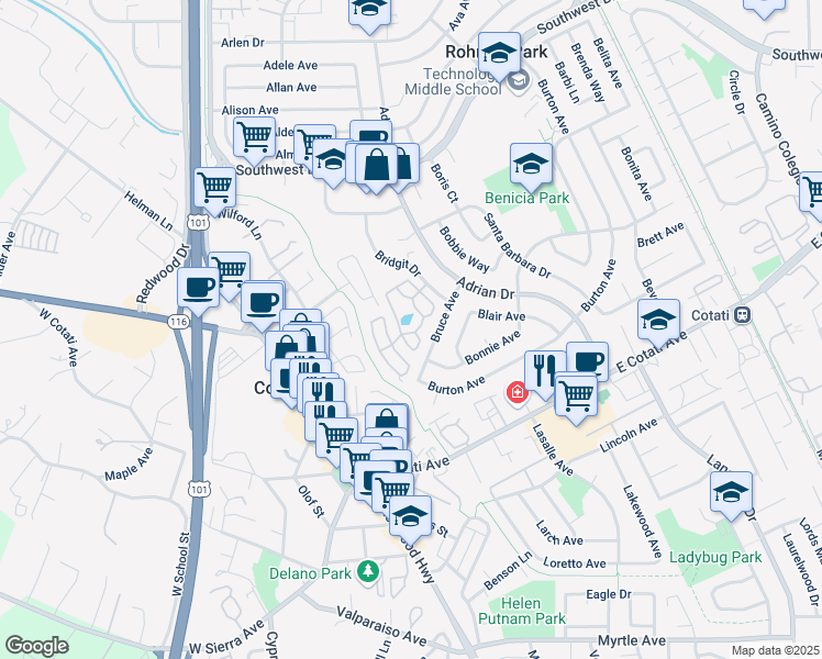 map of restaurants, bars, coffee shops, grocery stores, and more near 16 Las Casitas Drive in Rohnert Park
