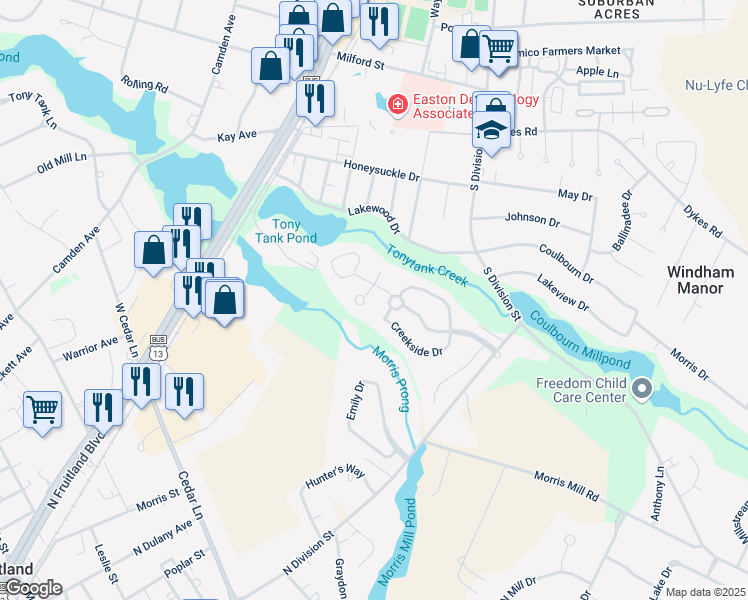 map of restaurants, bars, coffee shops, grocery stores, and more near 1707 Wood Holme Court in Salisbury