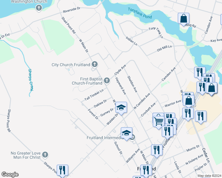 map of restaurants, bars, coffee shops, grocery stores, and more near 505 West Main Street in Fruitland