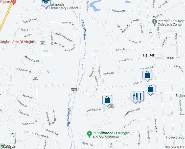 map of restaurants, bars, coffee shops, grocery stores, and more near 407 Dundee Place in Fredericksburg