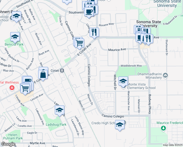 map of restaurants, bars, coffee shops, grocery stores, and more near 7737 Camino Colegio in Rohnert Park