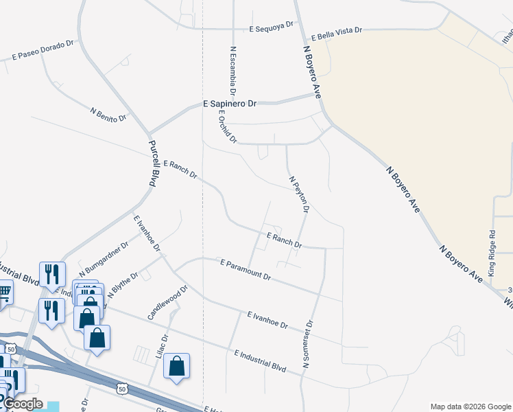 map of restaurants, bars, coffee shops, grocery stores, and more near 277 North Paramount Lane in Pueblo West