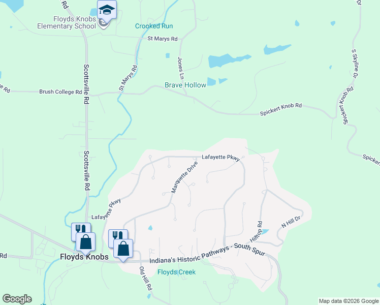 map of restaurants, bars, coffee shops, grocery stores, and more near 3570 Lafayette Parkway in Floyds Knobs