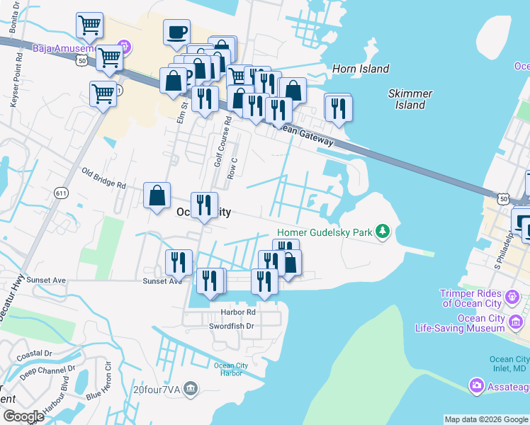 map of restaurants, bars, coffee shops, grocery stores, and more near 2 Sunrise Cove in Ocean City