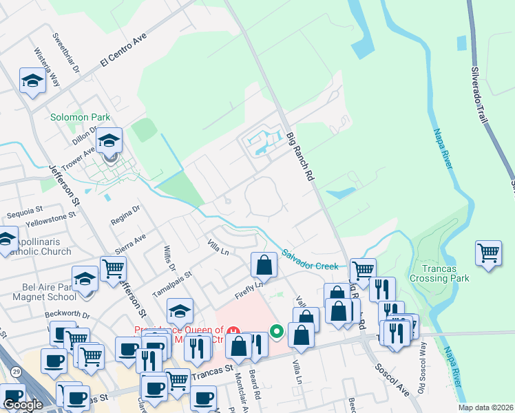 map of restaurants, bars, coffee shops, grocery stores, and more near 78 Valley Club Circle in Napa