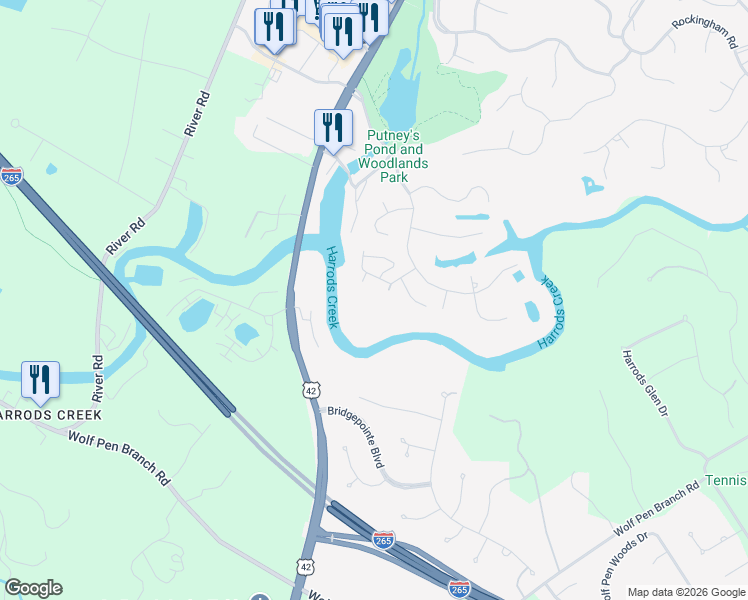 map of restaurants, bars, coffee shops, grocery stores, and more near Timber Crest Drive in Prospect