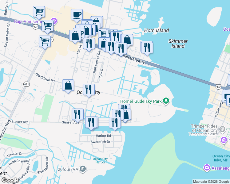 map of restaurants, bars, coffee shops, grocery stores, and more near 2 Sunrise Cove in Ocean City
