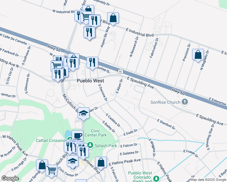 map of restaurants, bars, coffee shops, grocery stores, and more near 145 South Abarr Drive in Pueblo West