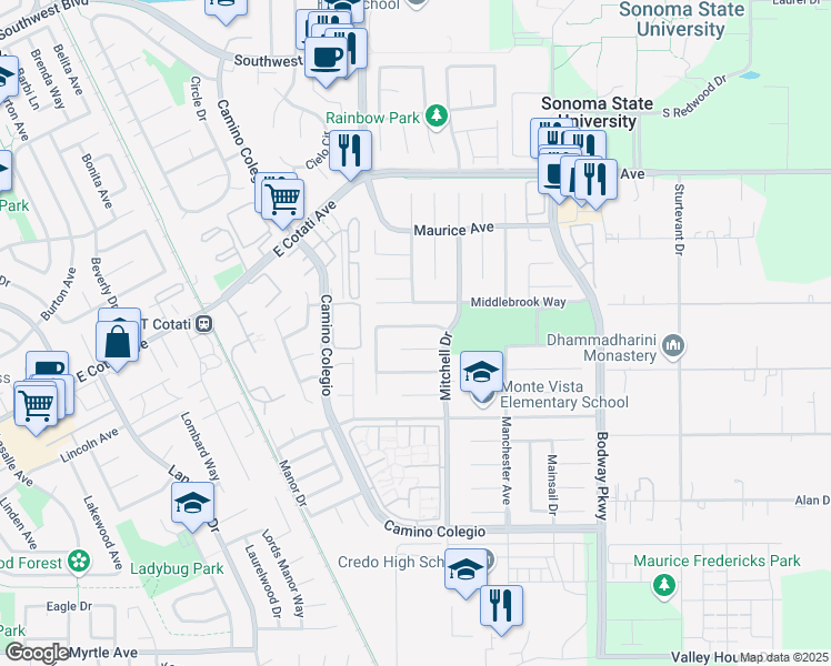 map of restaurants, bars, coffee shops, grocery stores, and more near 7756 Montero Dr in Rohnert Park